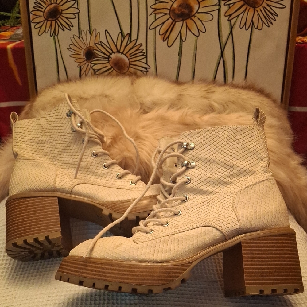 Altar'd State Cream Lace Up Boots with Chunky Heel